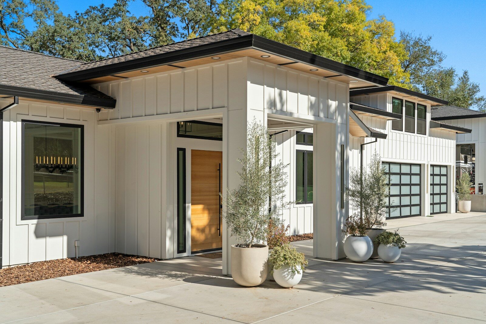 Modern white house with glass garage doors and plants
